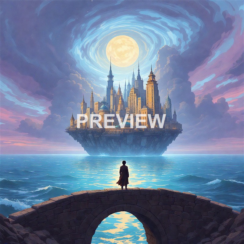 A person standing on a stone bridge gazing at a floating castle with tall spires under a large, luminous full moon in a fantastical sky.